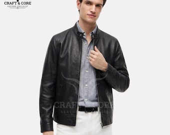 Men’s Real Sheepskin Leather Jacket – Premium Slim Fit Biker Jacket, Classic Zip Up Coat