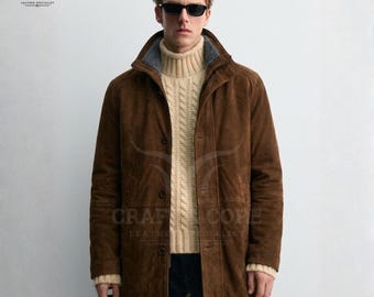 Men’s Real Suede Leather Coat – Premium Brown Sheepskin Winter Coat, Handmade Classic Leather Jacket