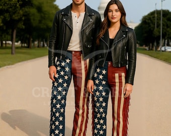 Western Leather Fringe Pants | Handmade Cowboy Style Trouser | Stars & Stripes Festival Pants