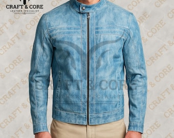 Sky Blue Genuine Leather Motorcycle Jacket | Distressed Biker Style