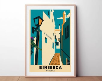 Art Deco Binibeca Travel Poster: Vintage Menorca Wall Art