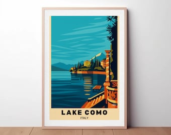 Póster de viaje Art Déco del Lago de Como: Arte mural vintage de Italia