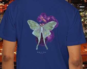 Luna Moth T-shirt: Hand Drawn Garment-Dyed Celestial Moon Flowers Tee