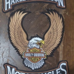 Harley davidson motorcycles large Eagle embroidery patch set of 3 iron on for biker jackets and vests