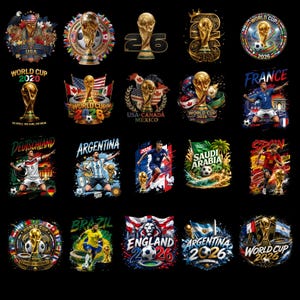 Może przedstawiać: Kolekcja dwudziestu r&oacute;żnych projekt&oacute;w graficznych przedstawiających trofeum Mistrzostw Świata FIFA, piłkarzy w strojach narodowych, piłki nożne oraz branding krajowy z napisami takimi jak World Cup 2026, France, Argentina i England.