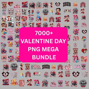 以下が含まれることがあります： さまざまなキャラクターとデザインが特徴のバレンタインデーPNGグラフィックのコレクション。画像には、ピンク色の長方形に「7000+ VALENTINE DAY PNG MEGA BUNDLE」というテキストが含まれています。デザインには、ハート、漫画のキャラクター、フレーズが含まれています。
