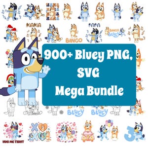 Pakiet 999+ niebieskich psów uzdrowicieli w formacie PNG i SVG + dodatkowa czcionka! Zestaw clipartów z niebieskim psem | oryginalne wzory na urodziny, rękodzieło, kolorowanki i drukowanie.