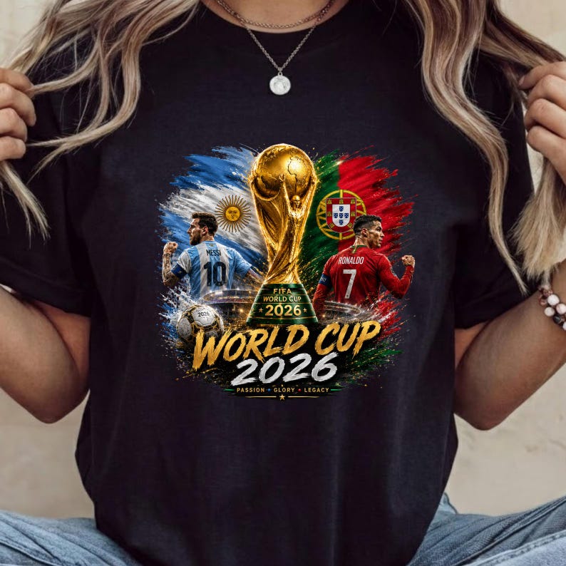 Może przedstawiać: Czarny t-shirt z grafiką trofeum FIFA World Cup 2026 pośrodku, otoczony piłkarzami w koszulkach Argentyny i Portugalii. Tekst głosi FIFA WORLD CUP 2026 PASSION GLORY LEGACY wraz z flagami narodowymi.