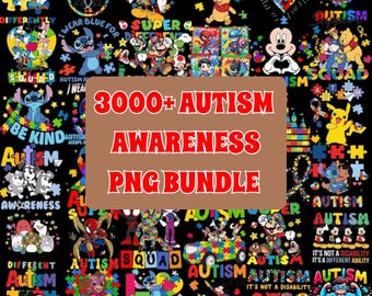 May include: A collection of colorful PNG graphics with an autism awareness theme. The designs feature puzzle pieces, cartoon characters, and text that reads "3000+ Autism Awareness PNG Bundle". The background is black.