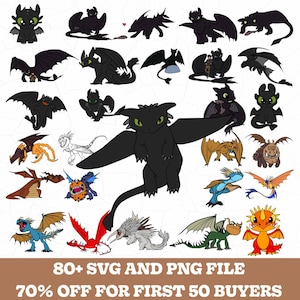 Könnte beinhalten: Sammlung von Drachenillustrationen in verschiedenen Posen und Farben, darunter Schwarz, Rot, Orange und Blau. Die Drachen haben Flügel, und einige haben grüne Augen. Der Text unten lautet "80+ SVG AND PNG FILE".