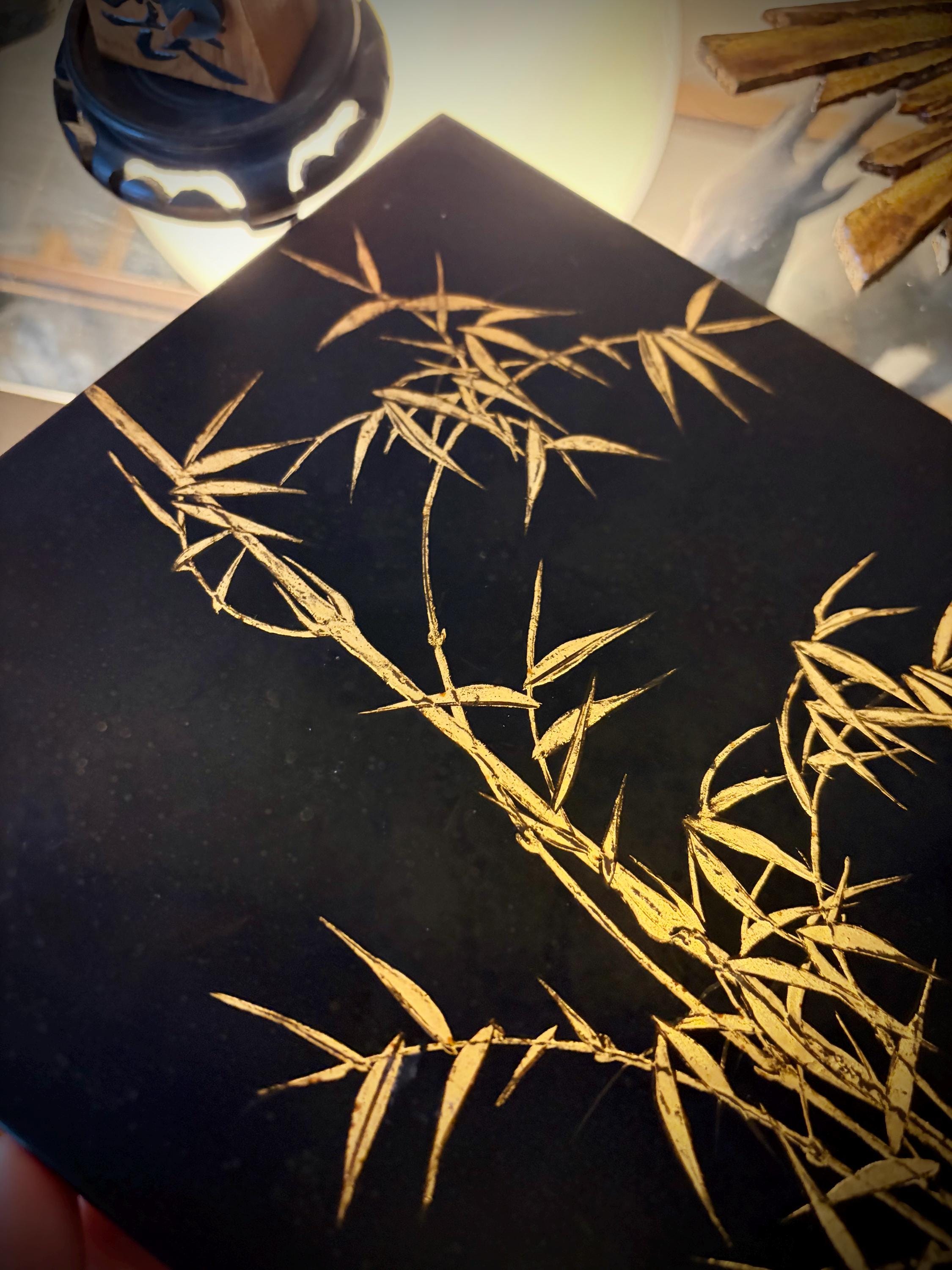Signed Thanh Le Vietnamese Lacquer Painting, Gold Bamboo, Mid