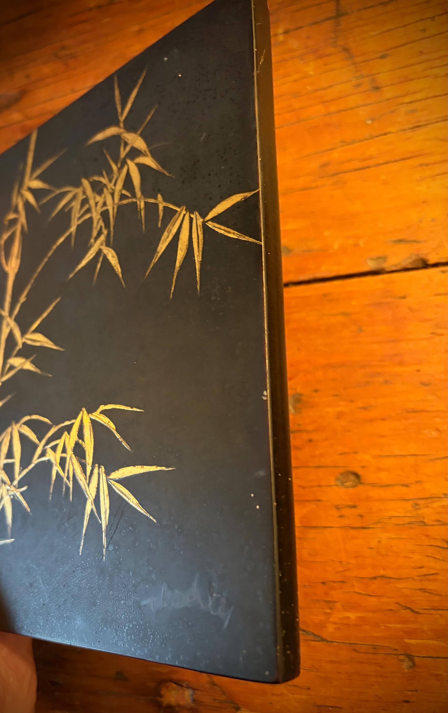 Signed Thanh Le Vietnamese Lacquer Painting, Gold Bamboo, Mid
