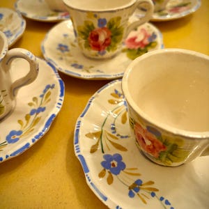 Set of 6 Vintage Italian Tea Cups and Saucers - Hand Painted Majolica Floral Rose - Mid Century Italian Pottery Demitasse Set