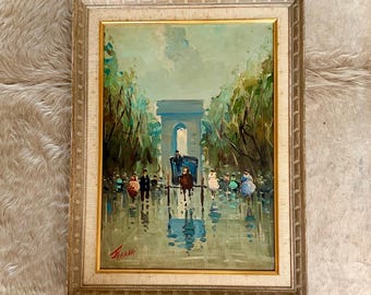 Vintage impressionistisches Paris-Ölgemälde - gerahmte Arc de Triomphe Straßenszene, signiert "Ferrari"