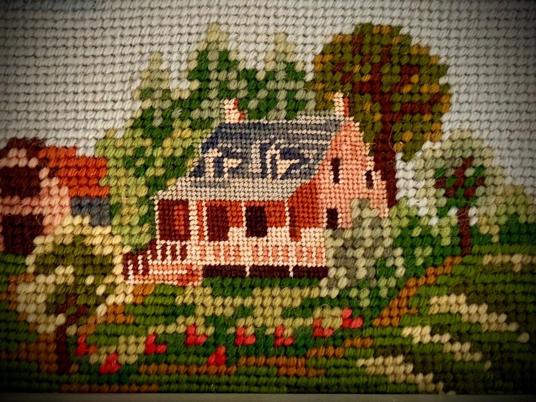 Vintage Needlepoint Art | Farmhouse Cottage Landscape in Grey-wash ...