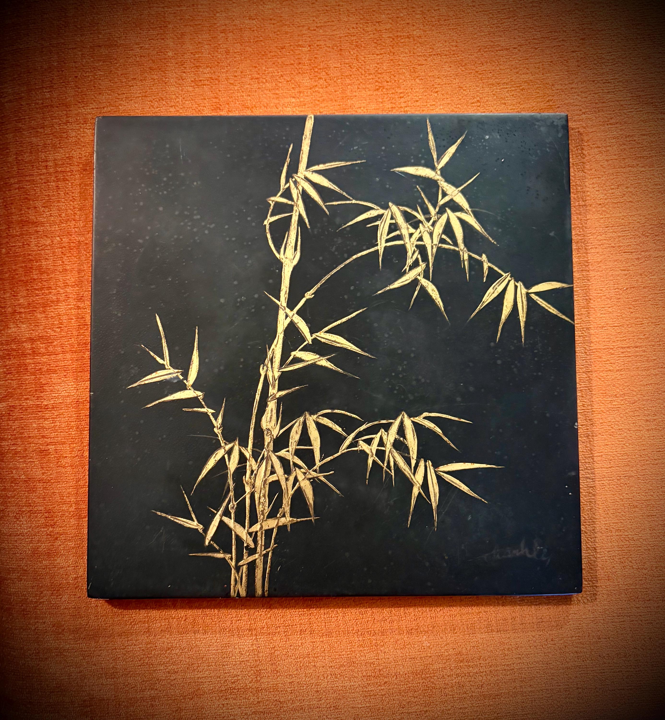 Signed Thanh Le Vietnamese Lacquer Painting, Gold Bamboo, Mid