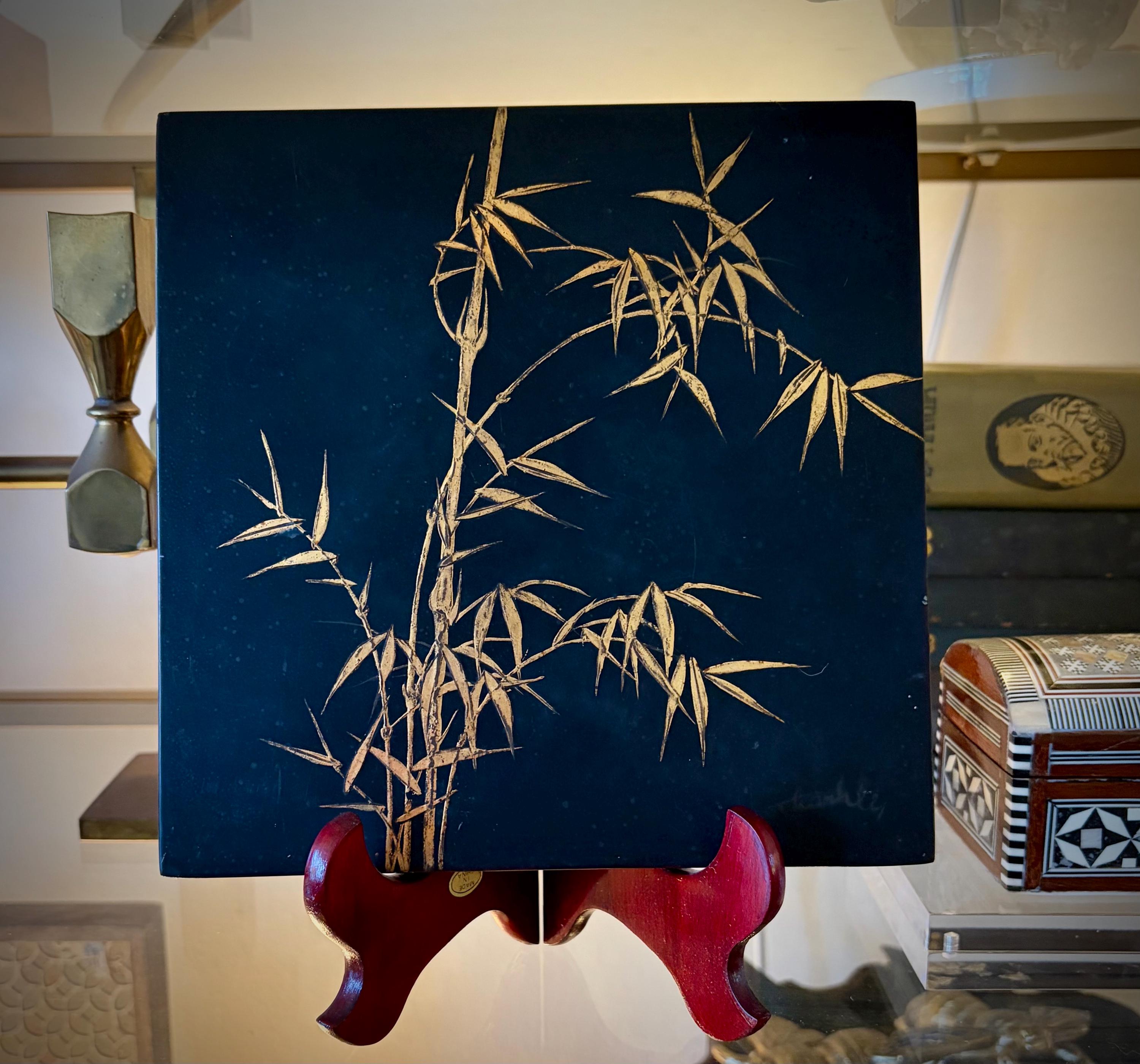Signed Thanh Le Vietnamese Lacquer Painting, Gold Bamboo, Mid