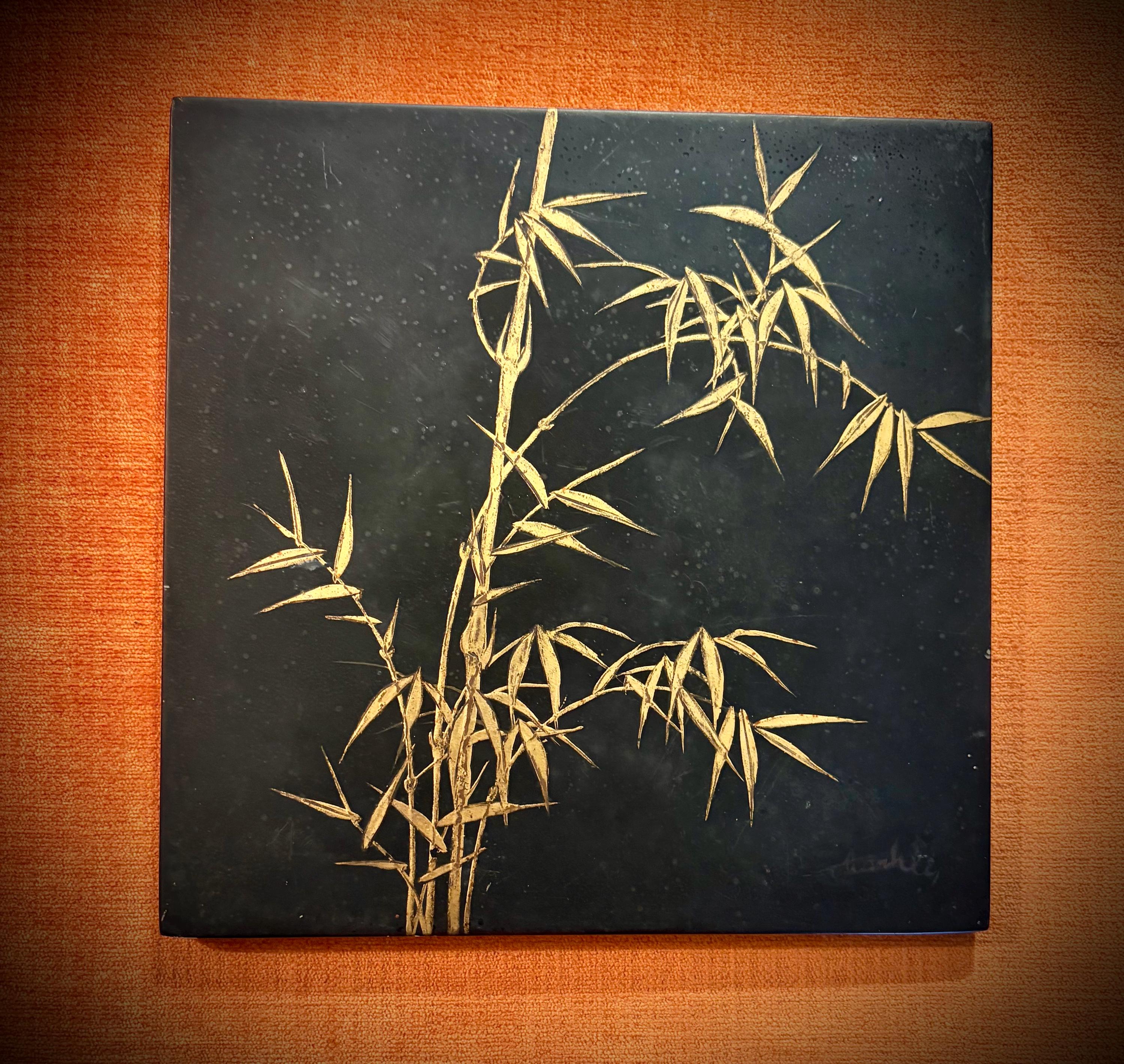 ベトナム 漆アート Thành Lễ Signed Thanh Le Vietnamese Lacquer Painting: Gold Bamboo, Mid