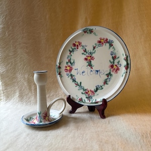 Vintage Hand Throw Pottery Welcome Platter and Candlestick Holder Set, 1991 Claude Faison Signed Cottagecore Ceramics, Country Folk Art