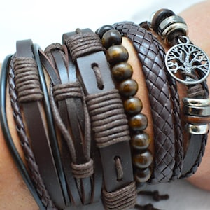 Set di 6 bracciali a polsino in pelle e perline di legno in stile boho, bracciali impilabili con ciondolo Albero della Vita, gioielli da polso boho a strati