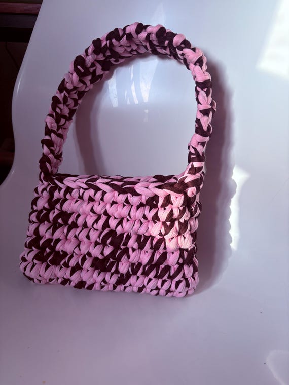 Handmade Pink & Brown Crochet Handbag - Etsy display picture 3