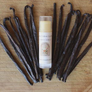 May include: A lip balm tube with a label featuring floral illustrations is surrounded by several dark brown vanilla pods. The lip balm is centered on a light brown wooden surface, with the vanilla pods arranged around it.