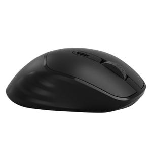 Può includere: Un mouse per computer wireless nero opaco con una forma ergonomica liscia e sagomata. È dotato di due pulsanti principali per il clic, una rotellina di scorrimento centrale testurizzata e un piccolo pulsante rettangolare dietro la rotella.
