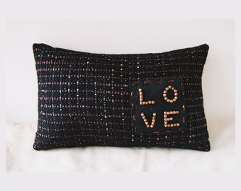 LOVE BLACK woven pillow artisan throw pillow crafted home decor dark modern decorative copper metallic fiber art