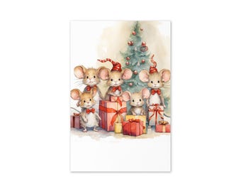May include: Watercolor illustration of six mice dressed for Christmas. The mice wear red bow ties and hats, standing near wrapped gifts and a decorated Christmas tree. The artwork has a soft, whimsical style.