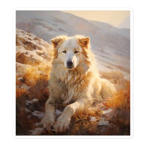 May include: A sticker featuring a serene painting of a large, fluffy white dog with golden-brown accents, resting in a field of dry grass. Snowy mountains are in the background, bathed in warm sunlight, creating a peaceful, natural scene.