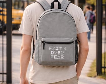 Faith Over Fear Backpack – Gray Stylish Christian Bag, Inspirational Scripture School Travel