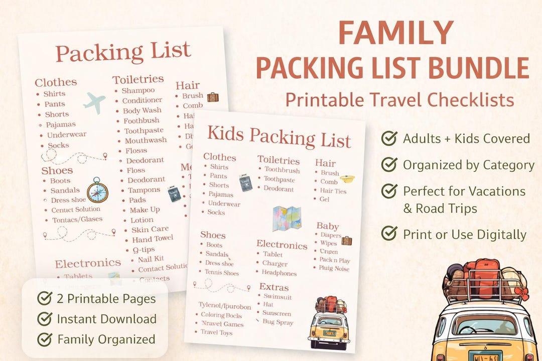 Family Packing List Bundle Printable | Travel Checklist for Adults and ...