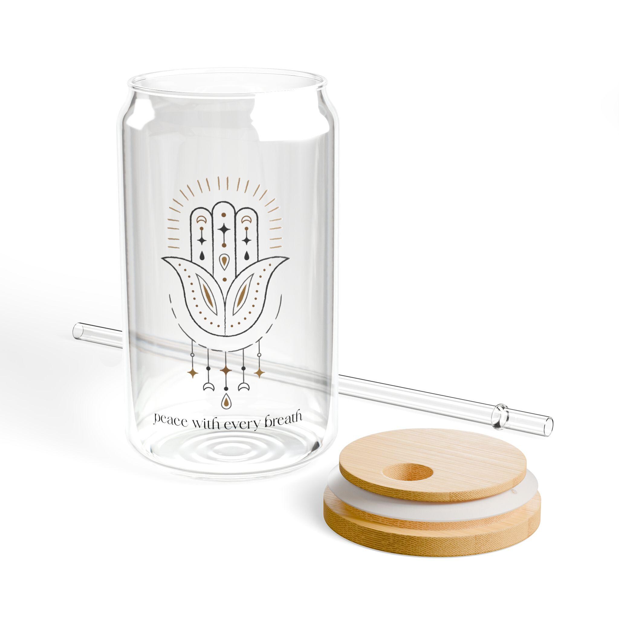 Hand Sipper Peace With Every Breath Hamsa Hand Glass Sipper 16oz | Bamboo Lid ...
