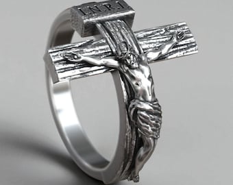 Christian Crucifix Ring: Raised Silver Cross, Antique Style
