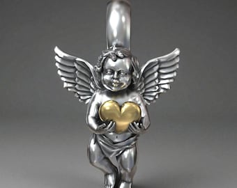 Cupid Necklace: Sterling Silver Angel - Gold Heart Accent