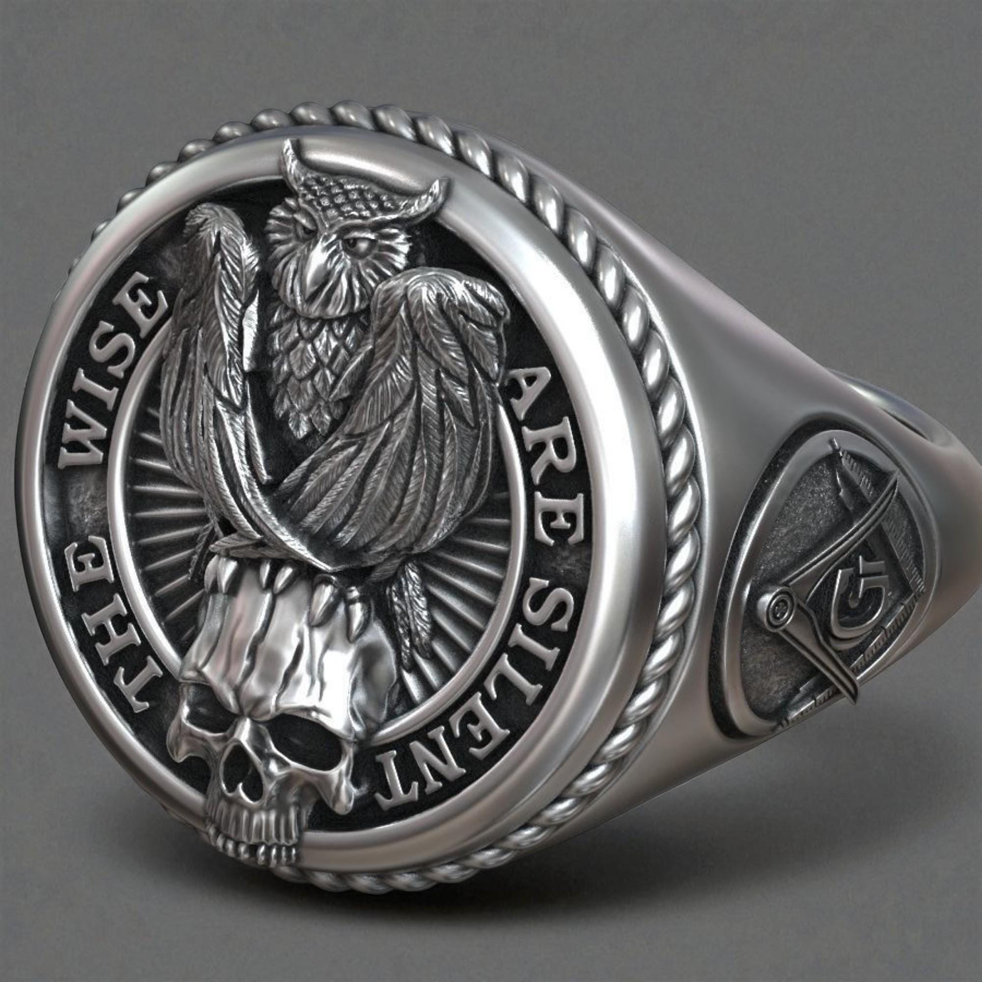 Owl Skull Signet Ring, Freemason Jewelry, Masonic Compass, Gothic Mens Ring, Handmade Silver, Symbol
