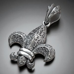 Fleur-de-Lis Pendant: Hand Engraved 925 Silver, Baroque Style
