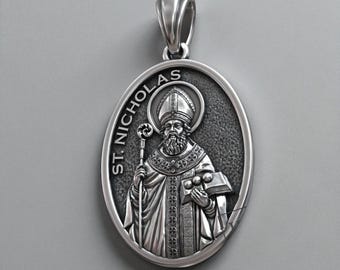 Religious Saint Nicholas Pendant: Orthodox Icon - Silver Tone