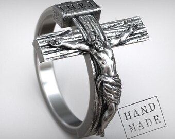 Christian Silver Ring: Raised Crucifix Design - Handmade Statement Band