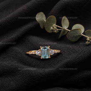 Aquamarine Ring 18K Gold Vermeil, March Birthstone Blue Stone Cz Ring, Emerald Cut Engagement Ring, Dainty Jewelry, Birthday gift for her
