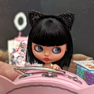 Handmade Blythe Doll Headband – Black Cat Ears with Beads | Cute Doll Accessories | Blythe Outfit Prop for Photography & Styling