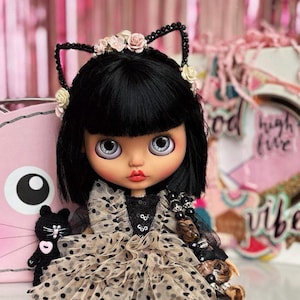 Handmade Cat Ears Headband for Blythe Doll – Doll Accessories in 3 Colors, Floral Kitty Ears for Blythe Styling & Photography. Headpiece