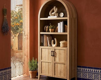 Arched Cabinet | Tall Bookcase with Glass Doors | Farmhouse Pantry Cabinet | Wood Display Storage Cabinet | Living Room Kitchen
