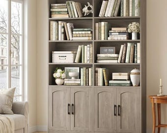 Bookshelf with Doors – Large 6-Tier Gray Bookcase Cabinet for Living Room & Office