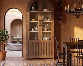 Tall Arched Cabinet with Glass Doors | Fluted Pantry Bookcase | Bar Wine Cabinet | Kitchen Display Storage Shelf | Walnut Vintage Rustic