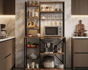 Coffee Bar Cabinet with Power Outlet | Baker's Rack Kitchen | Microwave Stand Storage | Corner Coffee Station | Small Kitchen Organizer