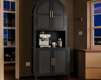 Tall Arched Cabinet | Fluted Bookcase with Doors | Coffee Bar Stand | Black Hutch | Farmhouse Decor | Tall Pantry Cabinet | Rustic Cupboard