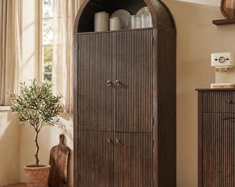 Tall Arch Pantry Cabinet, Rustic Farmhouse Kitchen Storage, Mid Century Decor