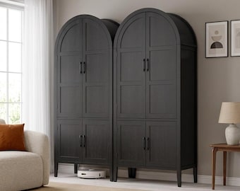 Arched Farmhouse Pantry Cabinet | Tall Display Hutch, Rustic Oak Finish