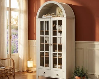 70" Arched Black Cabinet with Glass Doors, Modern Farmhouse Display Cabinet, 6 Tier Bookshelf, Farmhouse Decor
